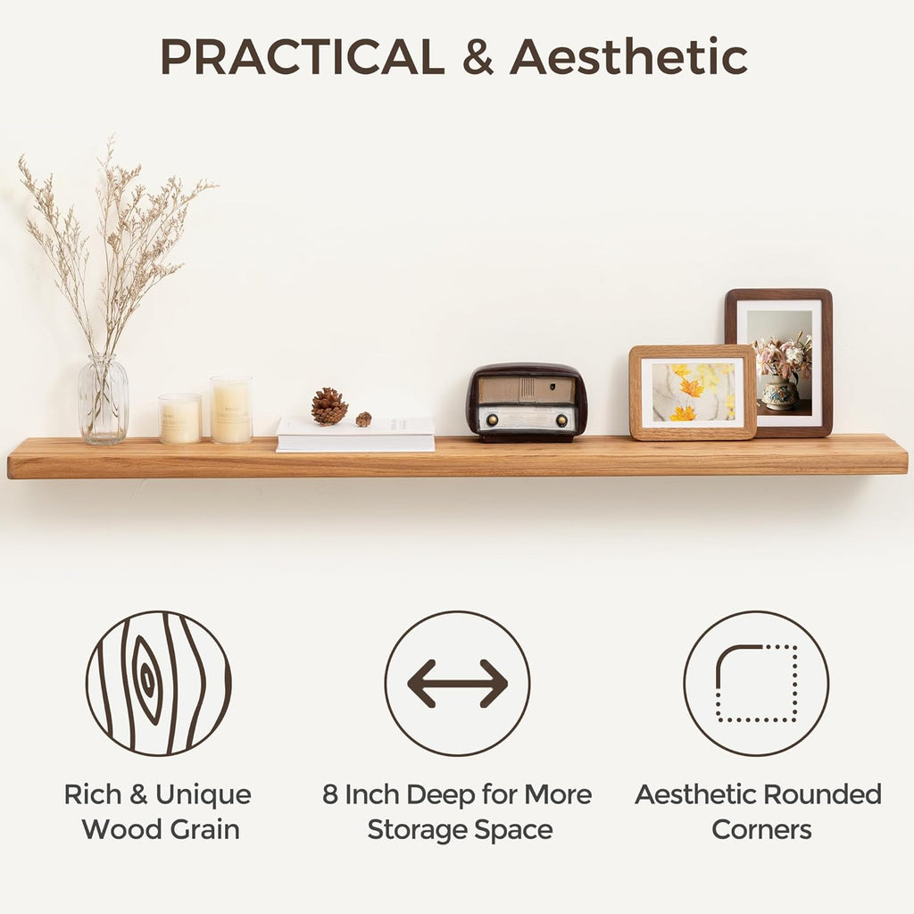 Fun Memories 48 Inch Floating Shelves for Wall, Solid Elm Wood Wall Shelf for Home Decor, Heavy-Duty Hardwood Floating Shelf for Bedroom, Bathroom, Living Room, Set of 1