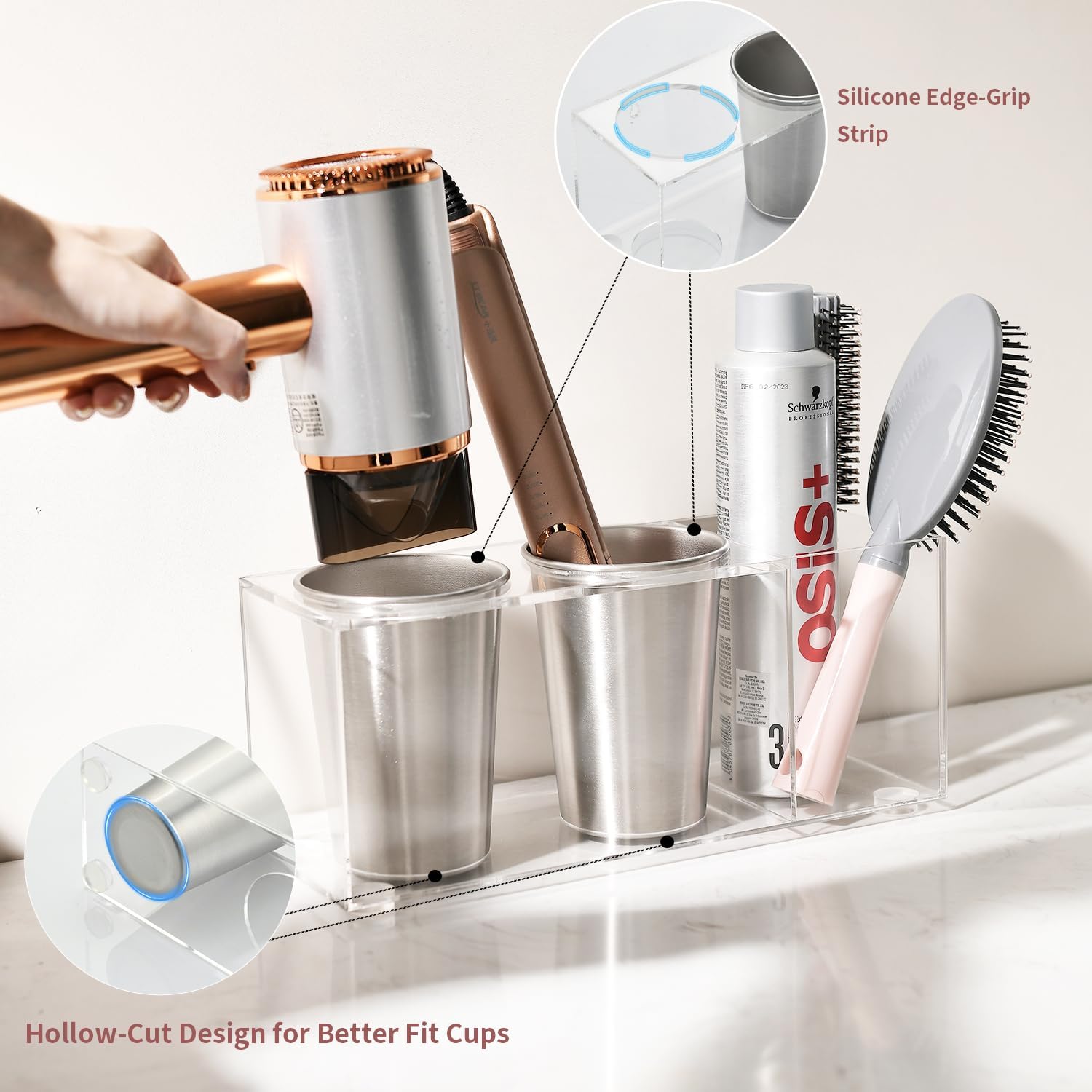 Hair Tool Organizer, Acrylic Hot Tools Organizer with 2 Stainless Steel Cups, Hair Tool Holder Wall Mount & Countertop for Dryer, Curling Iron & Brushes for Bathroom Vanity CHOCHOYAH