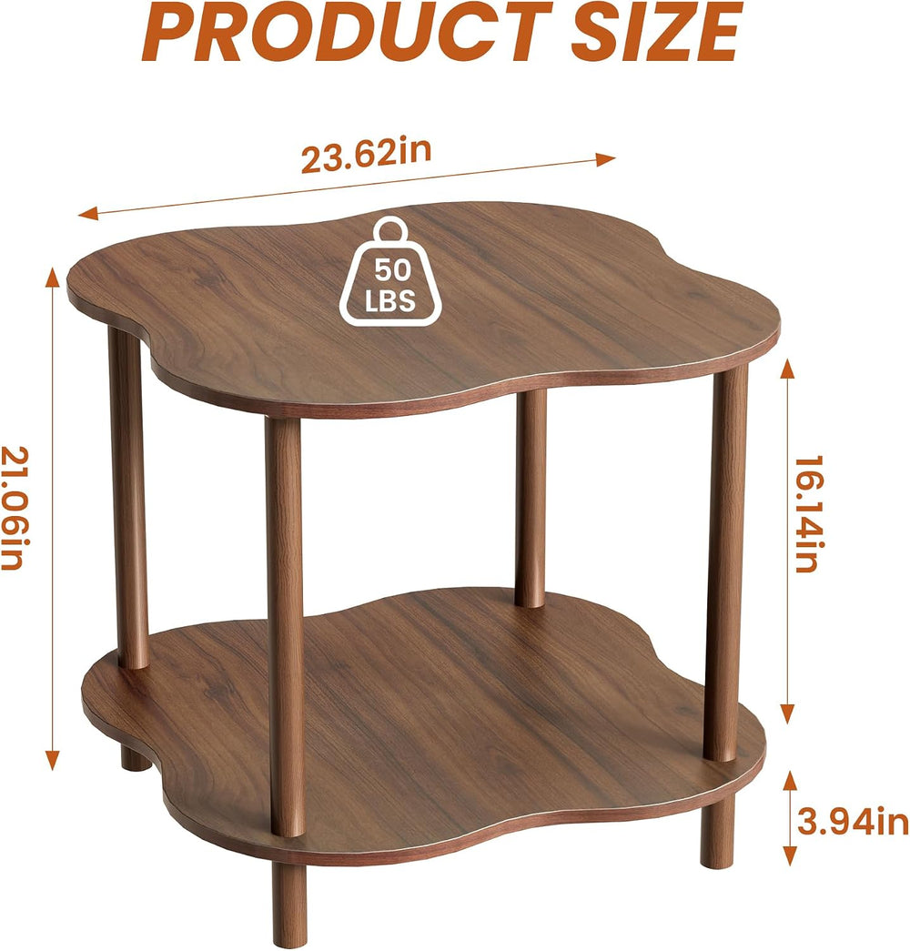 Flower Shape End Table - 2-Tier Walnut Wood Color Coffee Tables, Modern Woode...