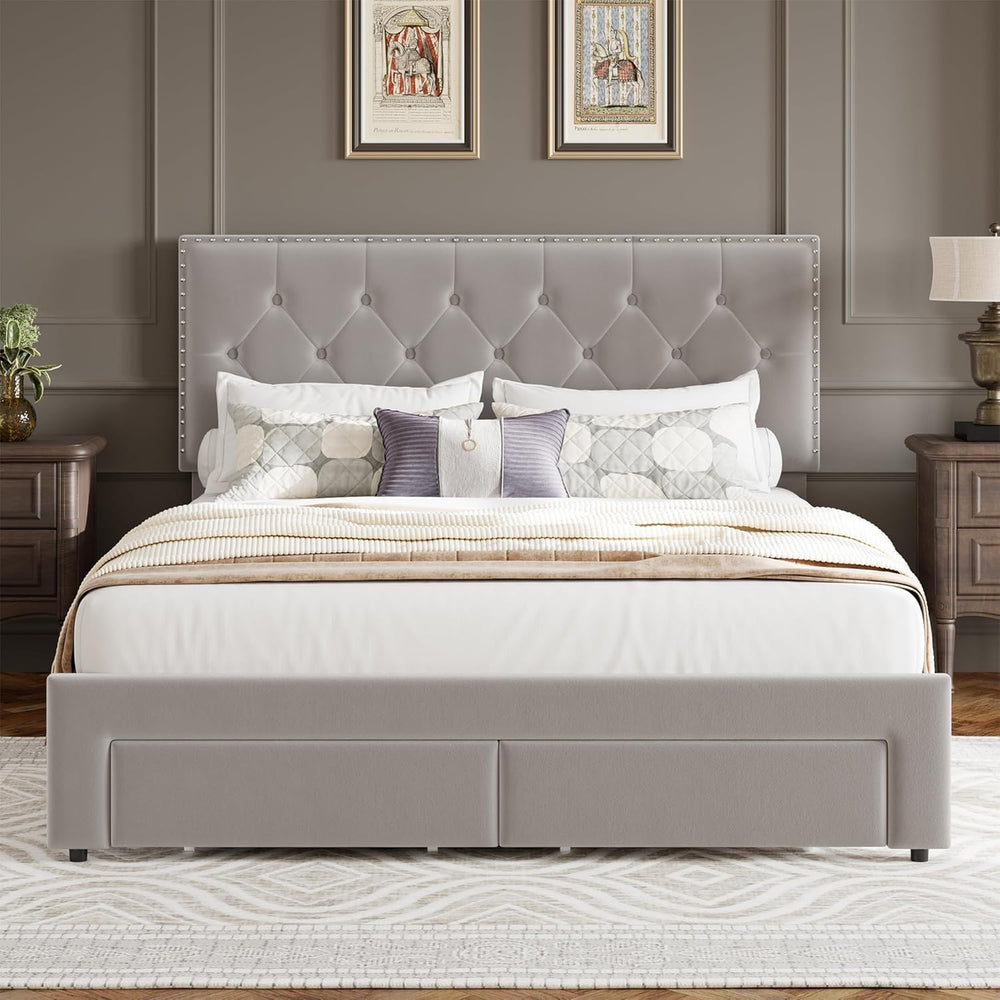 GarveeLife King Size Velvet Upholstered Bed Frame, 2 Storage Drawers with Smo...