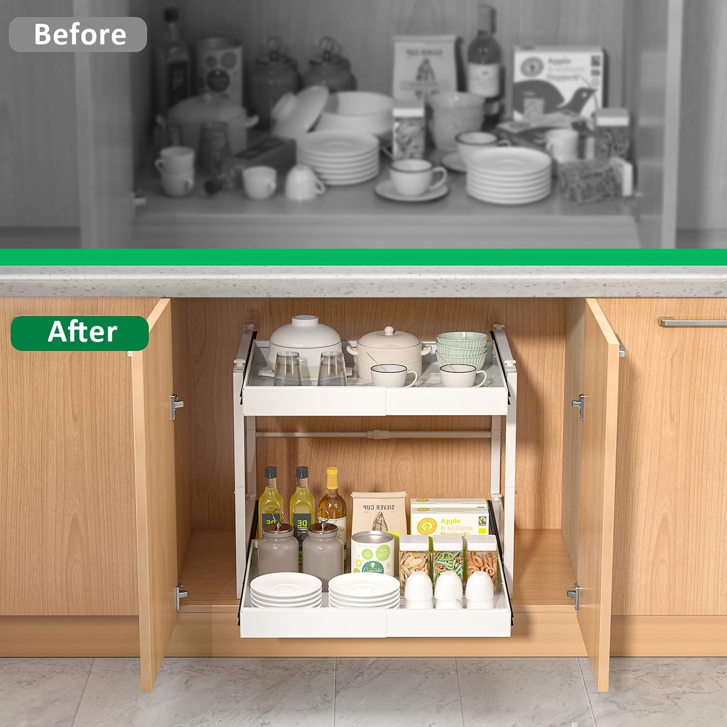 REALINN 2 Tier Pull Out Cabinet Organizer, 21 inch Depth Slide Out Shelves, Expandable 14"-22.5" Wide Heavy-Duty Cabinet Drawers for Kitchen Pots, Pans & Pantry Storage, White