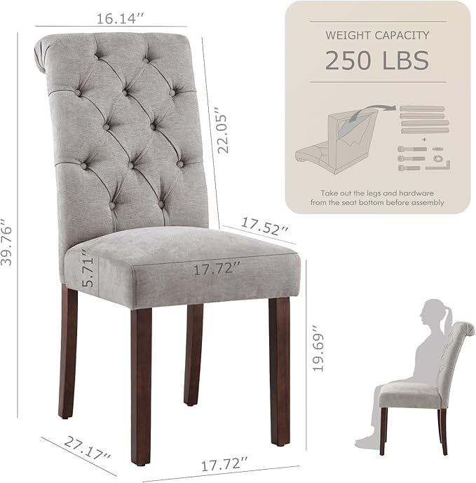 Tufted Dining Chairs Set of 2, Upholstered Parsons Dining Room Chairs, Fabric Kitchen Side Chair with Wood Legs, Light Grey