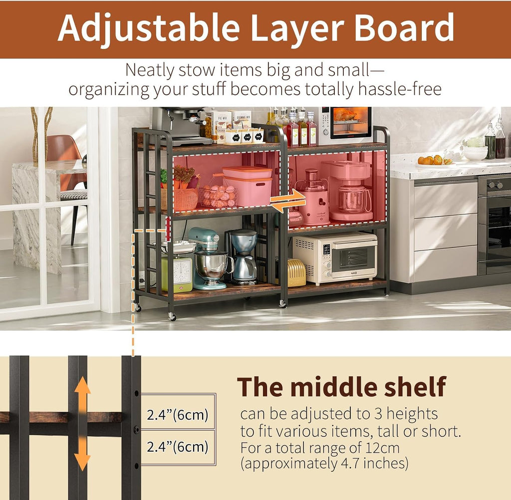 METYERRY Bakers Rack with Power Outlet,Adjustable Microwave Stand with Storage,3-Tier Kitchen Shelves,Microwave cart Suitable for Kitchen,Dinning Room,Coffee Bar,Living Room,Rustic Brown