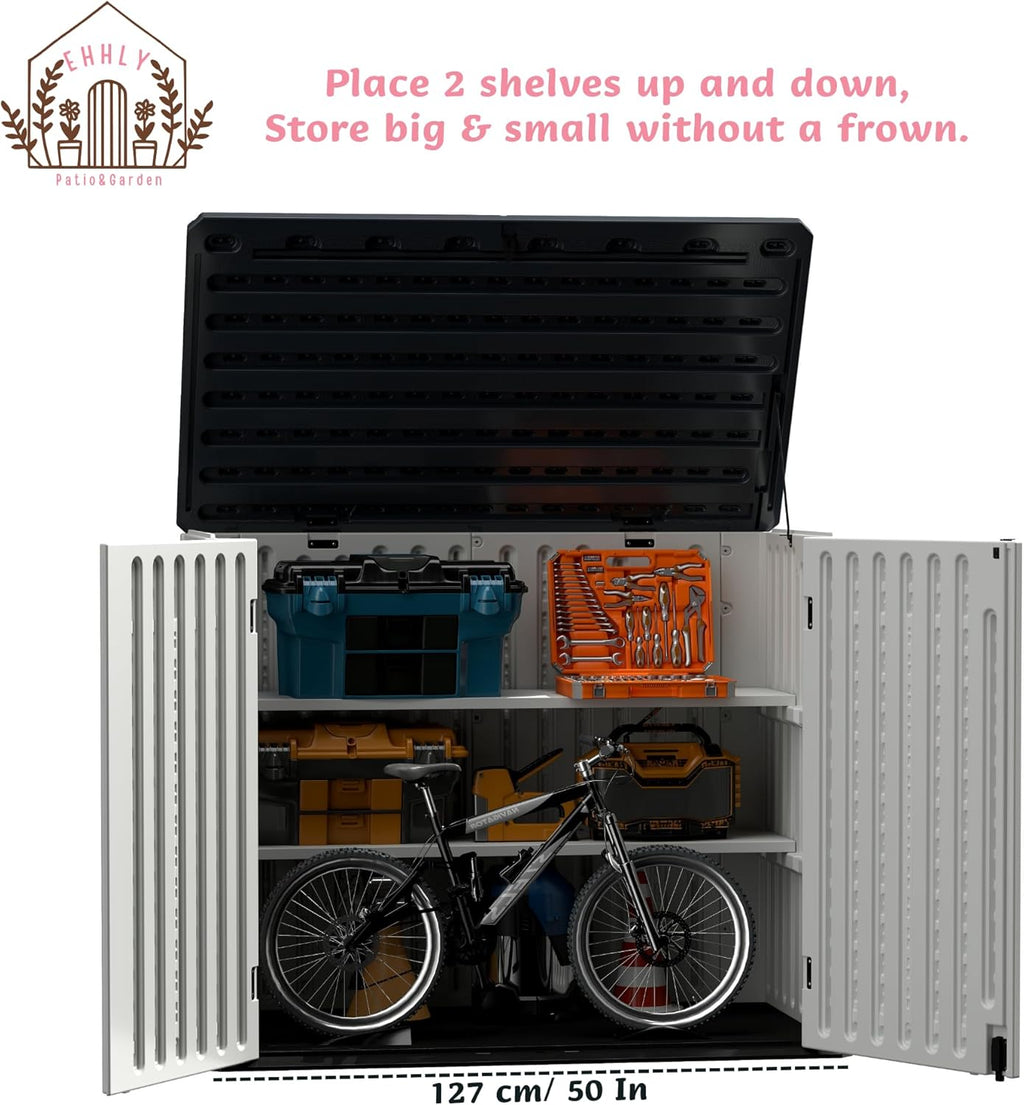 EHHLY 35 Cuft Outdoor Storage Shed Shelf, Outdoor Storage Cabinet Shelves for 4x2.5 Ft Shed, Horizontal Resin Storage Shed Accessories, White