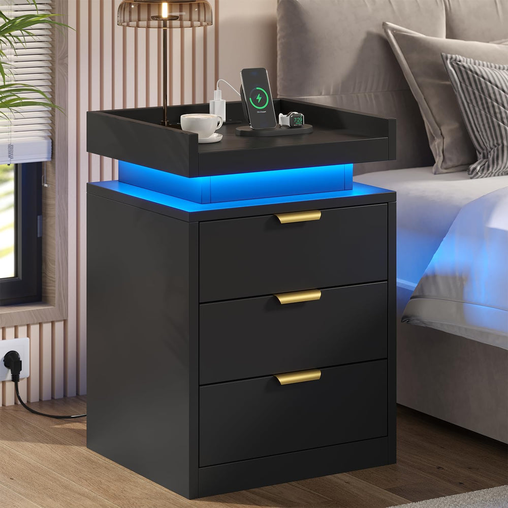 knoworld LED Nightstand with Charging Station & USB Ports, 3-Drawer Bedsi...