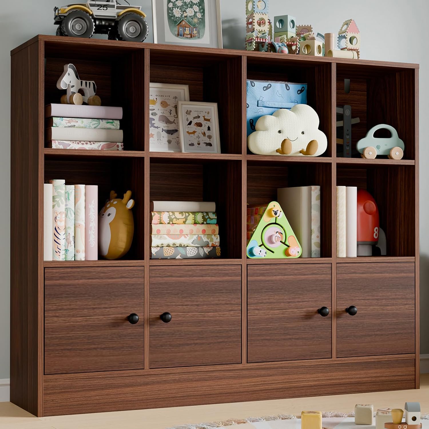 Cozy Castle Brown Wood Bookcase,12 Cube Storage Organizer Bookshelf with 4 Doors,3 Tier Storage Cabinet with Adjustable Shelves for Bedroom, Living Room, Office