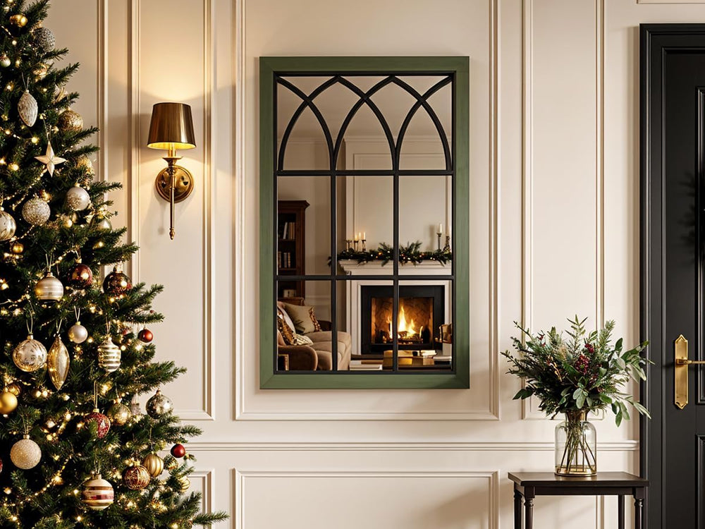 Retro Green Window Mirror for Wall Decor, Wood Frame Decorative Wall Mirror