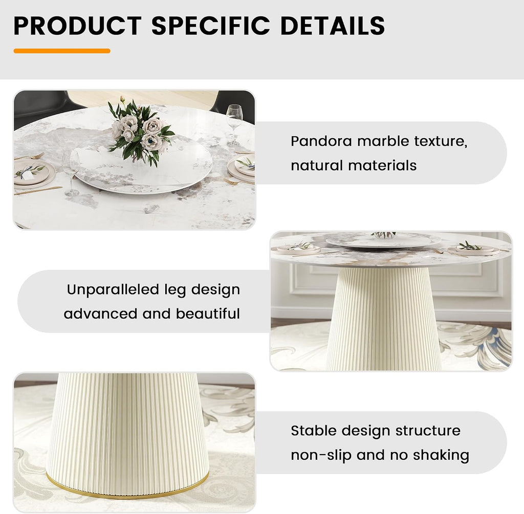 9 Piece Dining Table Chairs Set, Modern Dining Table Set of 8, Includes 59" D Marble Round Table with Beige Cylindric PU Wooden Base, 8 Beige Gold Dining Chairs for Home, Kitchen