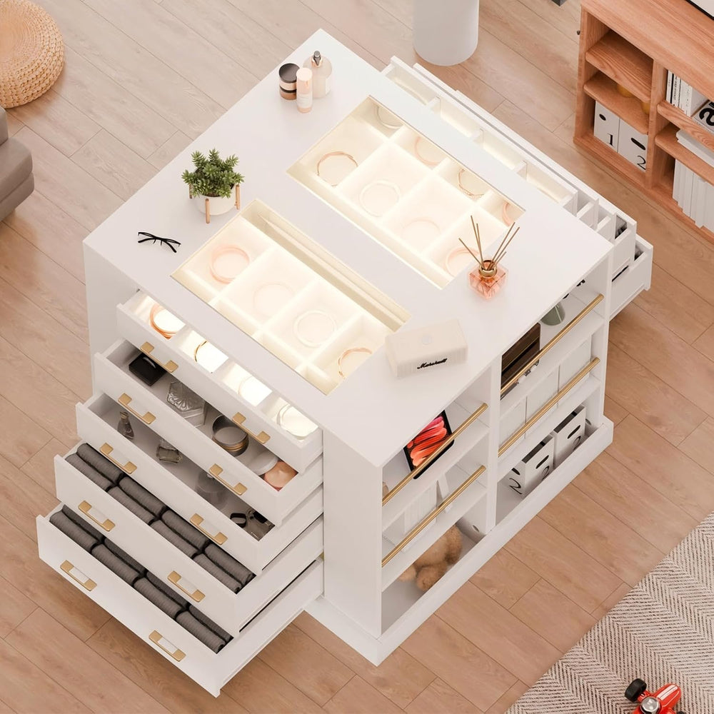 Closet Island with Glass Top, LED Lights and Jewelry Display, Bedroom Island ...