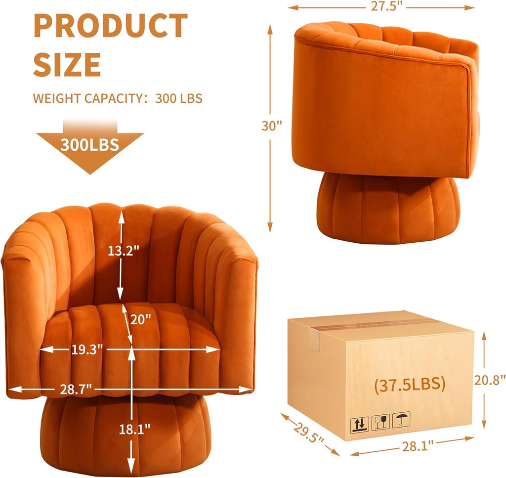 Swivel Accent Barrel Chair, Cute Comfy Small Round 360° Arm Chair, Velvet Sofa Club Reading Chair for Living Room, Bedroom, Office, Orange