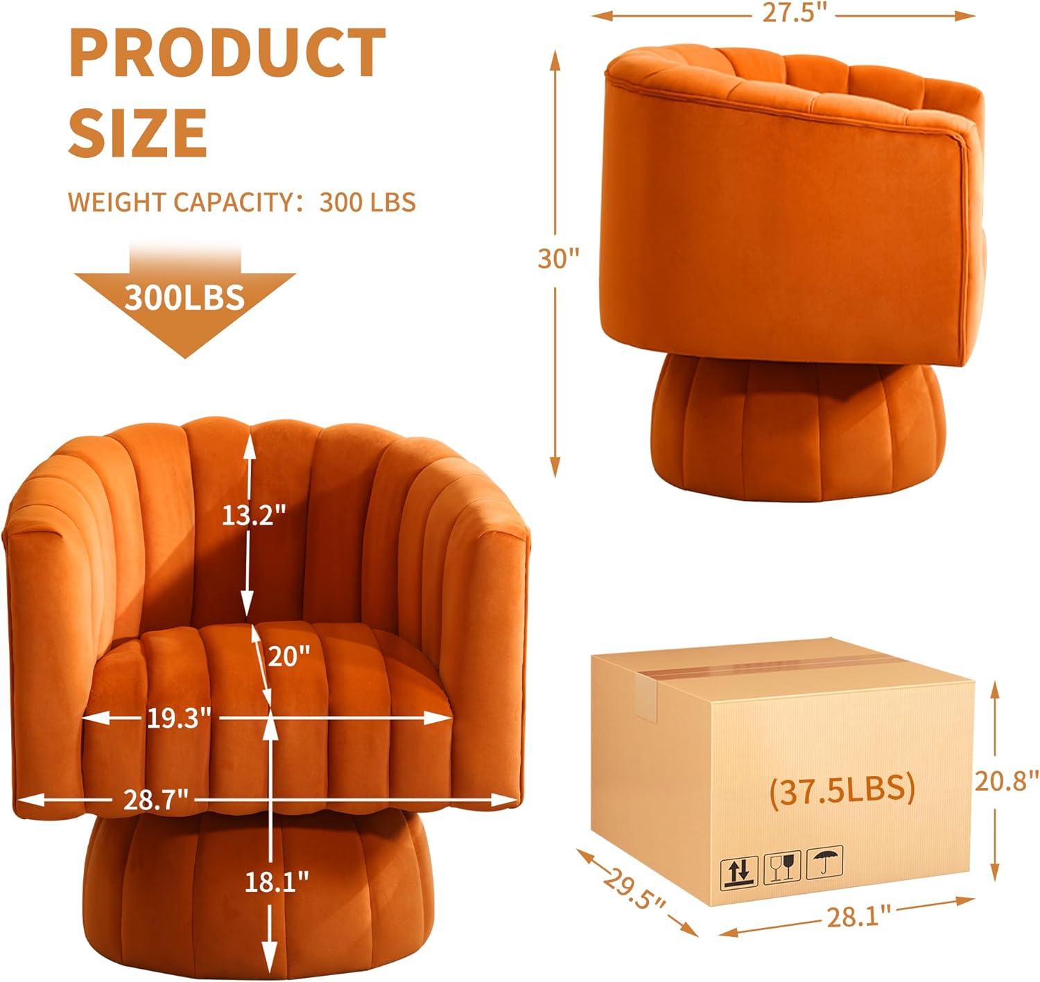 Swivel Accent Barrel Chair, Cute Comfy Small Round 360° Arm Chair, Velvet Sofa Club Reading Chair for Living Room, Bedroom, Office, Orange