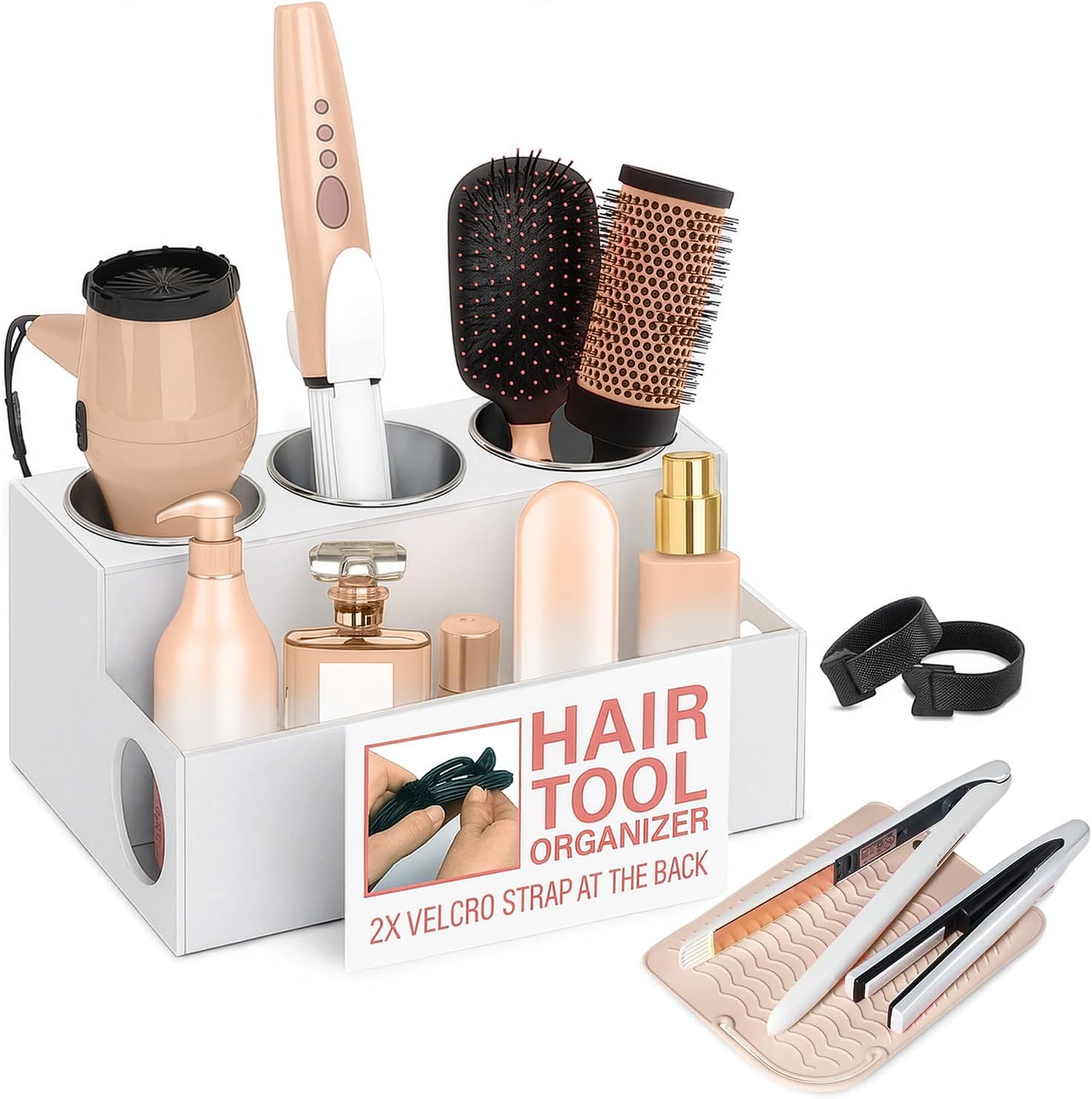 Casavita White Hair Tool Organizer with Heat-Resistant Mat - Durable Acrylic Makeup Organizer Countertop for Blow Dryers, Flat/Curling Irons, & Toiletries - Stainless Steel Cups, Cord Management