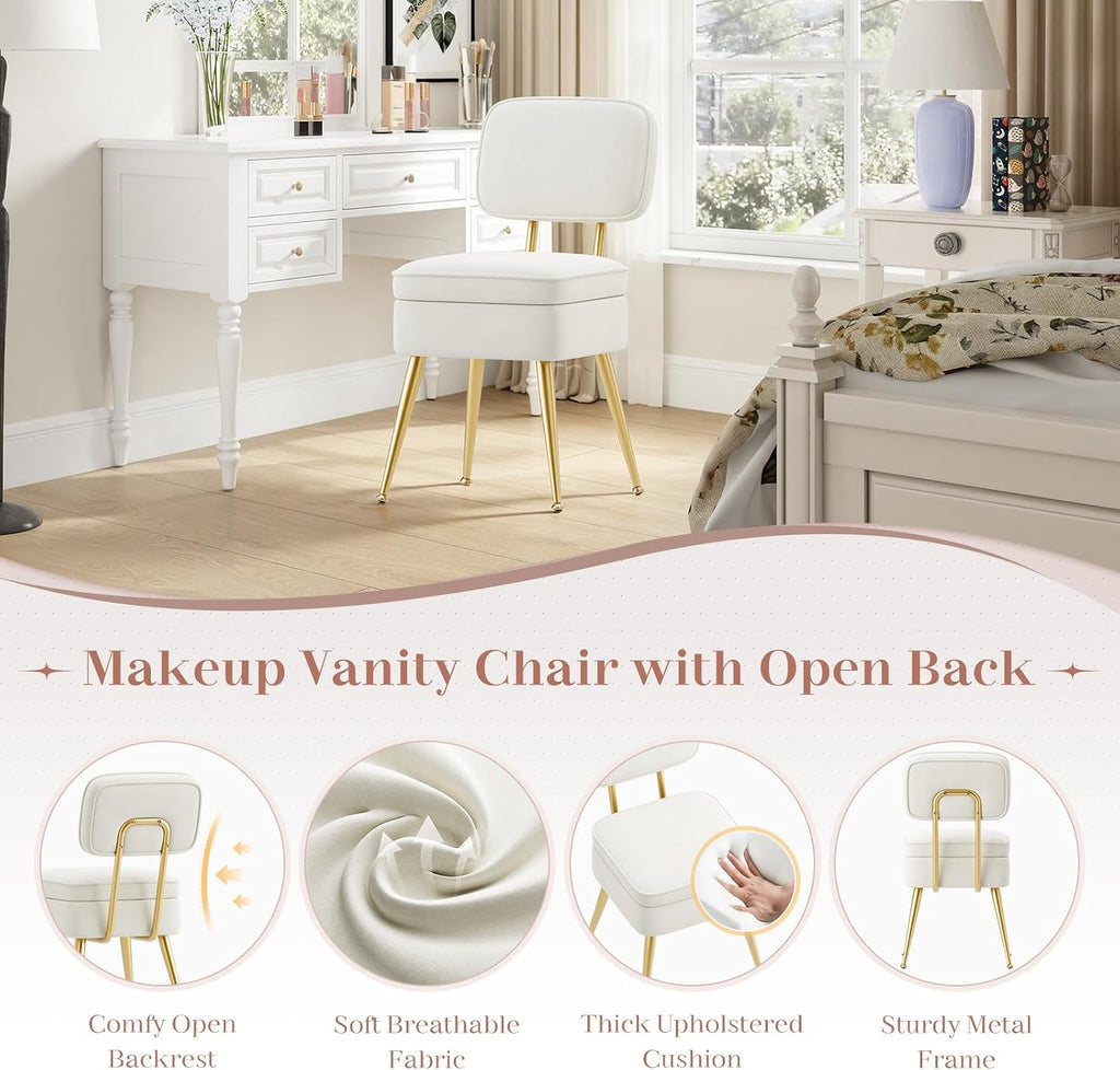 MALOL Velvet Makeup Vanity Chair with Storage and Back, Cute No Wheels Vanity Stool Ottoman with Golden Metal Legs for Bedroom Dressing Closet, Beige