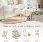 MALOL Velvet Makeup Vanity Chair with Storage and Back, Cute No Wheels Vanity Stool Ottoman with Golden Metal Legs for Bedroom Dressing Closet, Beige
