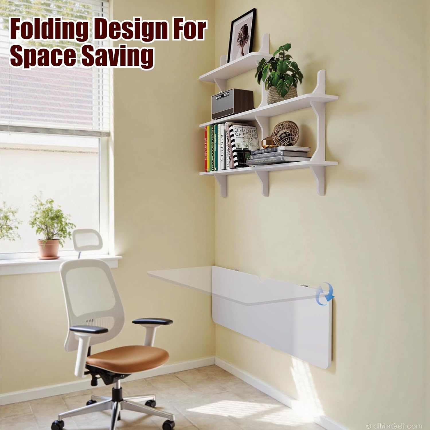 Pmnianhua Wall Mounted Folding Table, 47'' Floating Laptop Desk with Shelves, Foldable Drop Leaf Table, Wall Mount Fold Down Table for Laundry Room Kitchen Bar Home Office Small Space(White)
