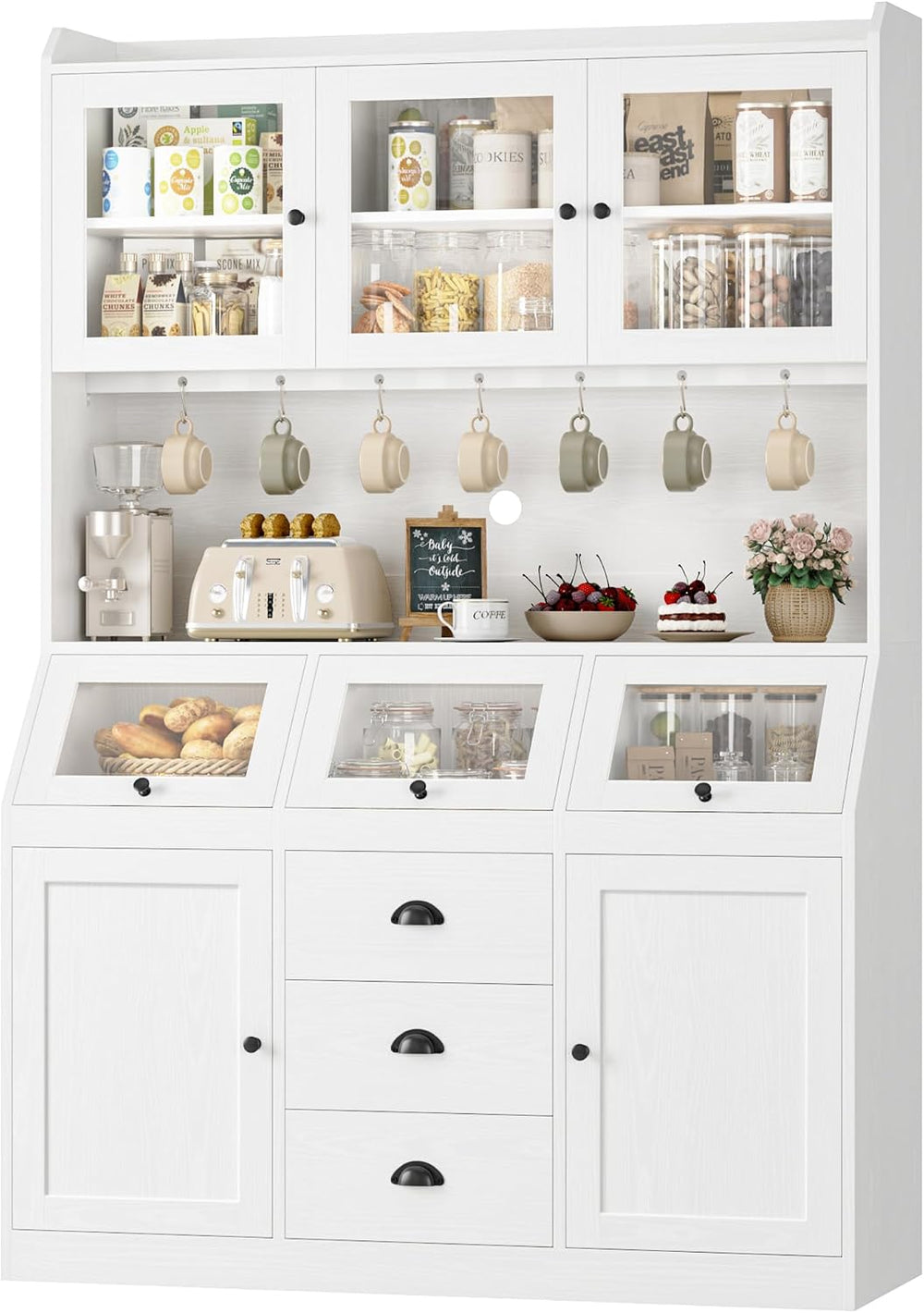 HIFIT 71.4” H Kitchen Hutch Pantry Cabinet with 3 Bread Boxes&7 Metal Hoo...