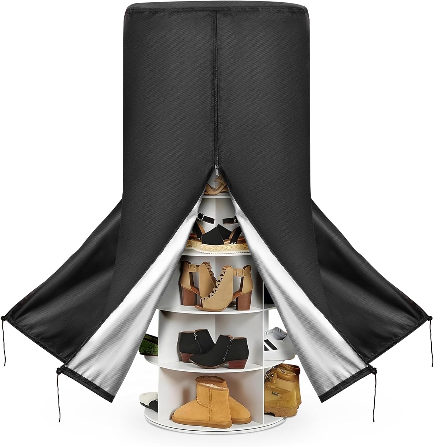 420D Black Rotating Shoe Rack Tower Cover,25" Diax63 H,Cover Only | Spinning Storage Tower Cover – Waterproof, Windproof, Adjustable Drawstring & Zippers,Pet-resistant