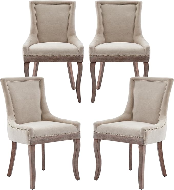 Modern Dining Chairs Set of 4, High Back Dining Chairs Side Chairs with Solid Wood Legs, Upholstered Fabric Dining Room Chairs for Dining Room Kitchen, Beige