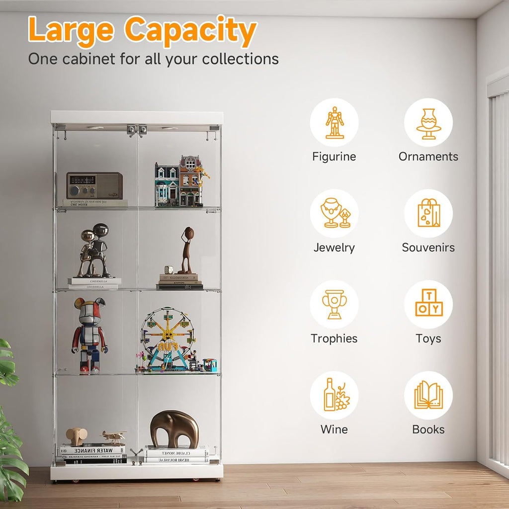 Tempered Glass Display Cabinet with Lights, 4-Tier Curio Cabinet with Glass Doors Wheels Two Locks, Glass Display Case for Collectibles for Living Room, Bedroom, Office, White, Double Door