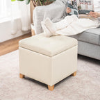 Adeco Square Storage Ottoman with Hinged Lid, 16" Upholstered Foot Stool & Seat for Entryway, Living Room, Faux Leather with Wood Legs (Ivory White)