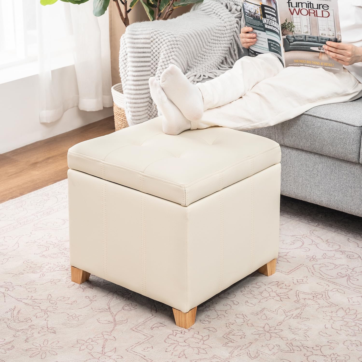 Adeco Square Storage Ottoman with Hinged Lid, 16" Upholstered Foot Stool & Seat for Entryway, Living Room, Faux Leather with Wood Legs (Ivory White)