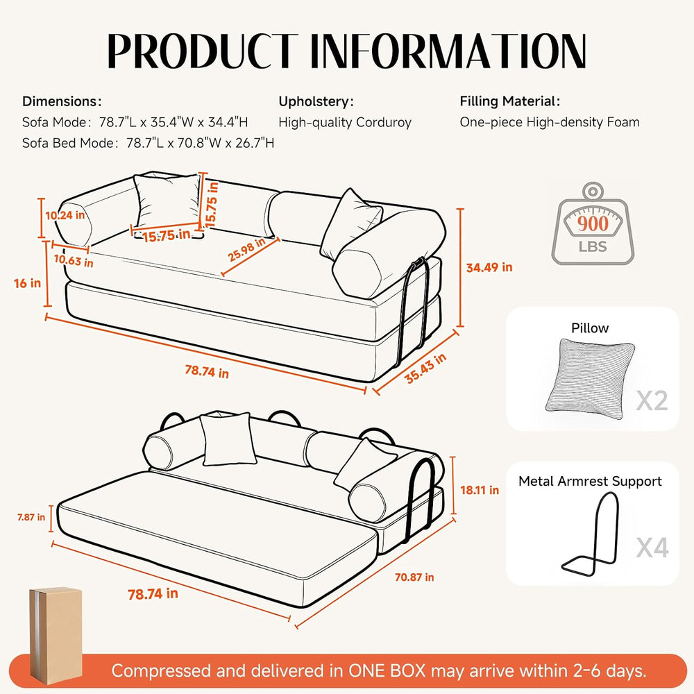 79" Corduroy Sofa Bed, Couch in a Box with 2 Pillows, High-Density Foam ...