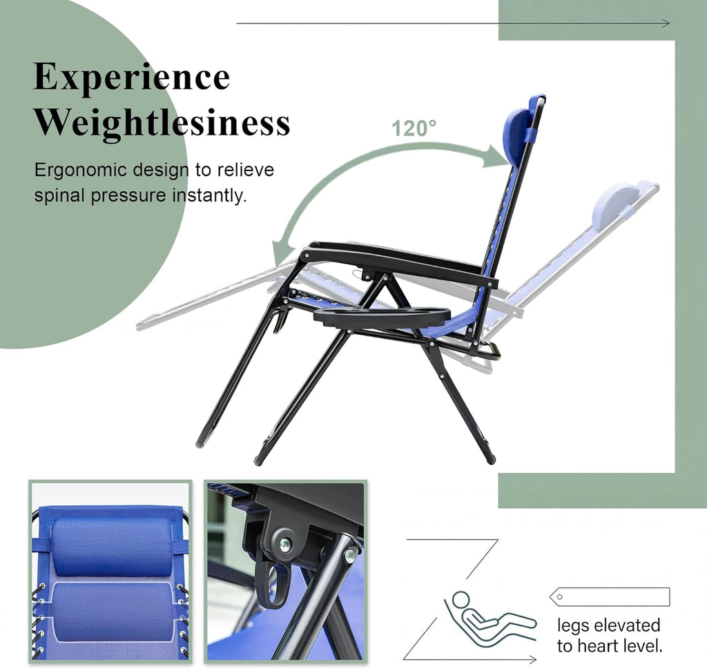 Devoko Zero Gravity Chair, Foldable Patio Recliner with Cup Holder, Blue | Padded Design, Heavy Duty, Supports 350 LBS, Anti-Gravity, for Camping, Outdoor, Lawn Use