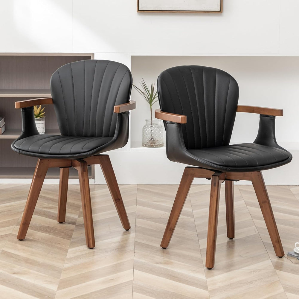 LUNLING Swivel Dining Chairs, Mid Century Modern Black Faux Leather Kitchen C...