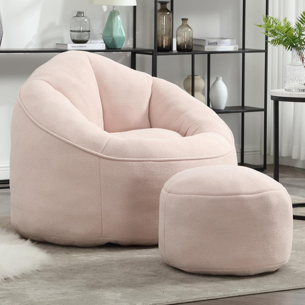 Bean Bag Chairs, Gaint Bean Bag Couch with Memory Foam for Adults and Kids, Microfiber Upholstered Sofa with Ottoman, Comfy Lazy Bean Bag Reading Chair for Living Room