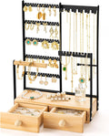 DreamGenius Jewelry Organizer Stand with 2 Velvet Ring Holder Drawers, 5 Tier Jewelry Holder Organizer with 11 Hooks for Necklaces and 145 Holes for Earrings, Black