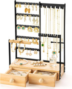 DreamGenius Jewelry Organizer Stand with 2 Velvet Ring Holder Drawers, 5 Tier Jewelry Holder Organizer with 11 Hooks for Necklaces and 145 Holes for Earrings, Black