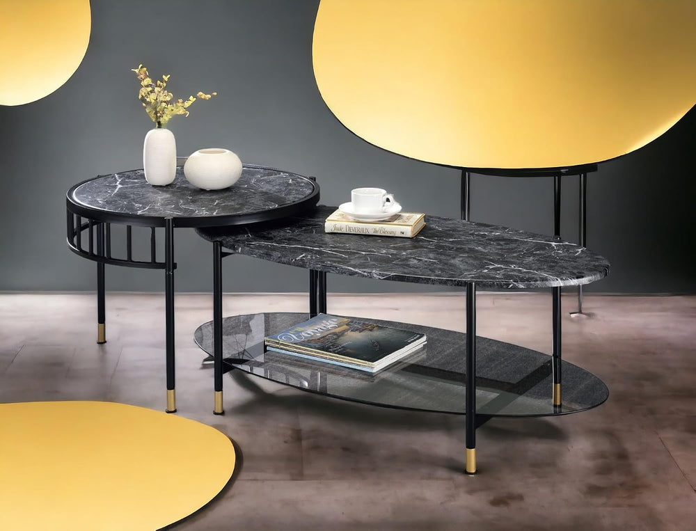 Engineered Stone Top & Black Finish Nesting Table Set | Dual-table nestin...