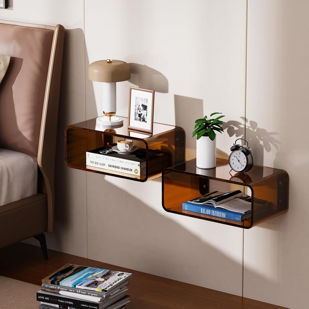 Acrylic Floating Nightstand, Bedside Table, Nightstand Shelf Wall Mounted Bedside Shelf (Dark Brown, Small)