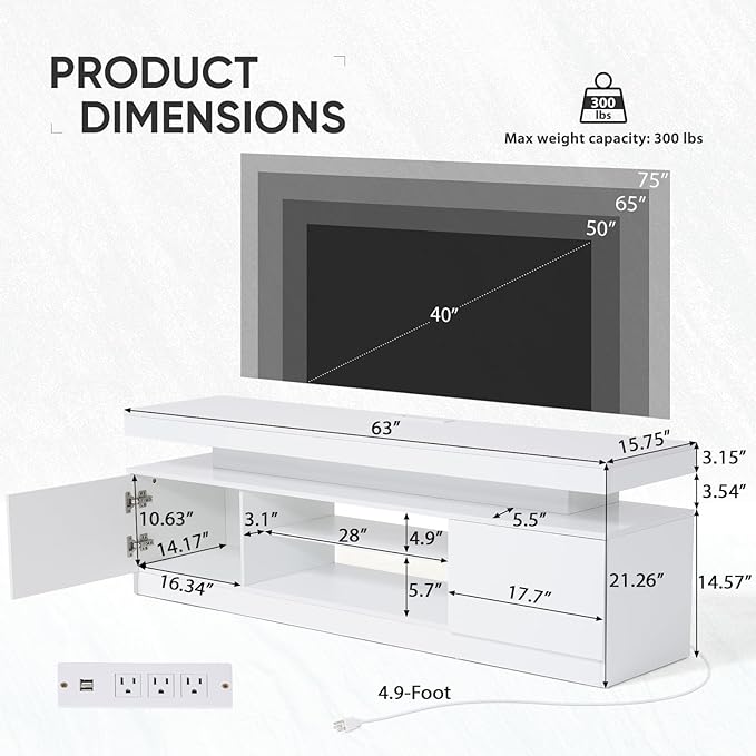 Verano Garden 63" LED TV Stand for 75 Inch TV, High Gloss Entertainment Center with Power Outlet & Light, Modern TV Media Console with 2 Storage Cabinets & Open Shelf for Living Room, Bedroom, White