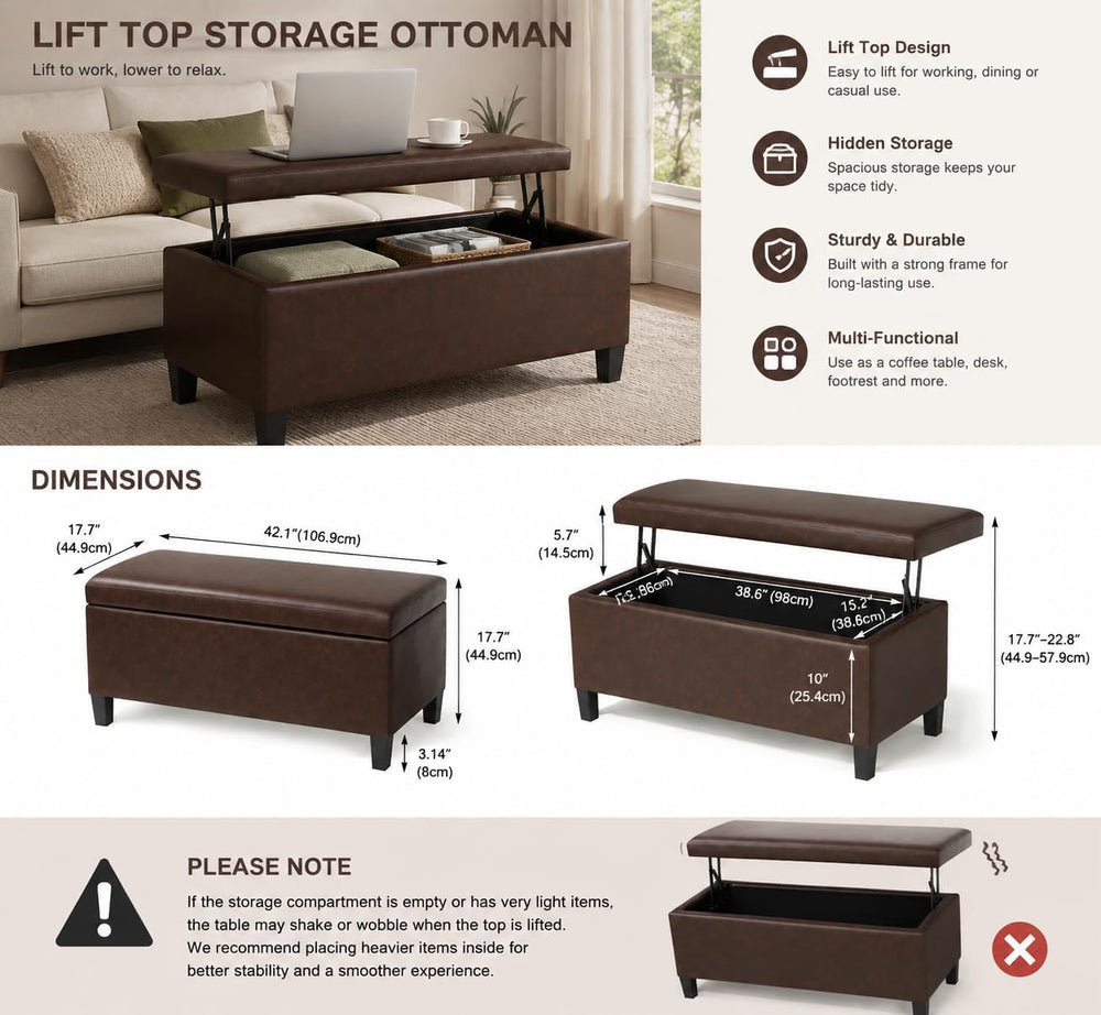 Homebeez 42" Storage Ottoman Bench, Lift Top Faux Leather Storage Bench ...