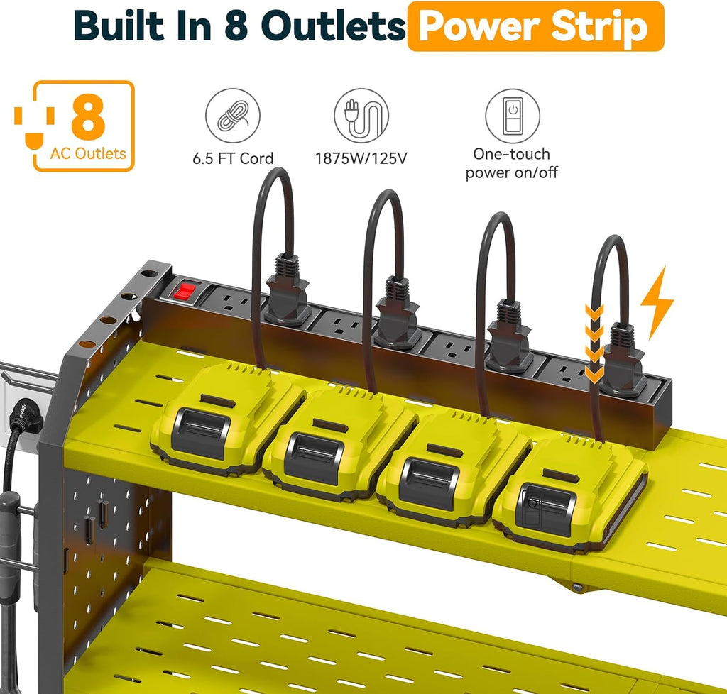 Warome Garage Power Tool Organizer with 8-Outlet Power Strip, Tool Storage Rack Wall Mount with 8 Cordless Drill Holders, Tool Organization Shelf with Charging Station in Green