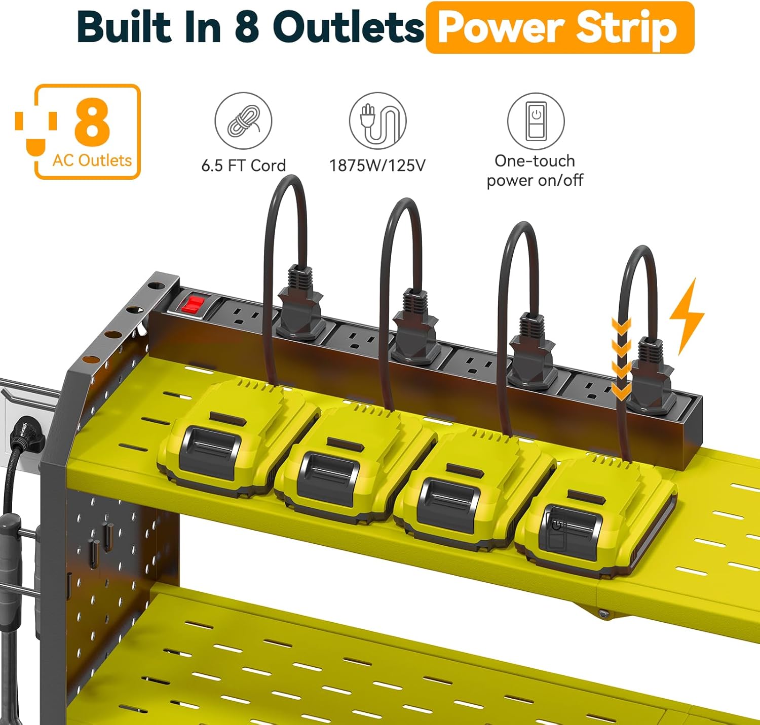 Warome Garage Power Tool Organizer with 8-Outlet Power Strip, Tool Storage Rack Wall Mount with 8 Cordless Drill Holders, Tool Organization Shelf with Charging Station in Green