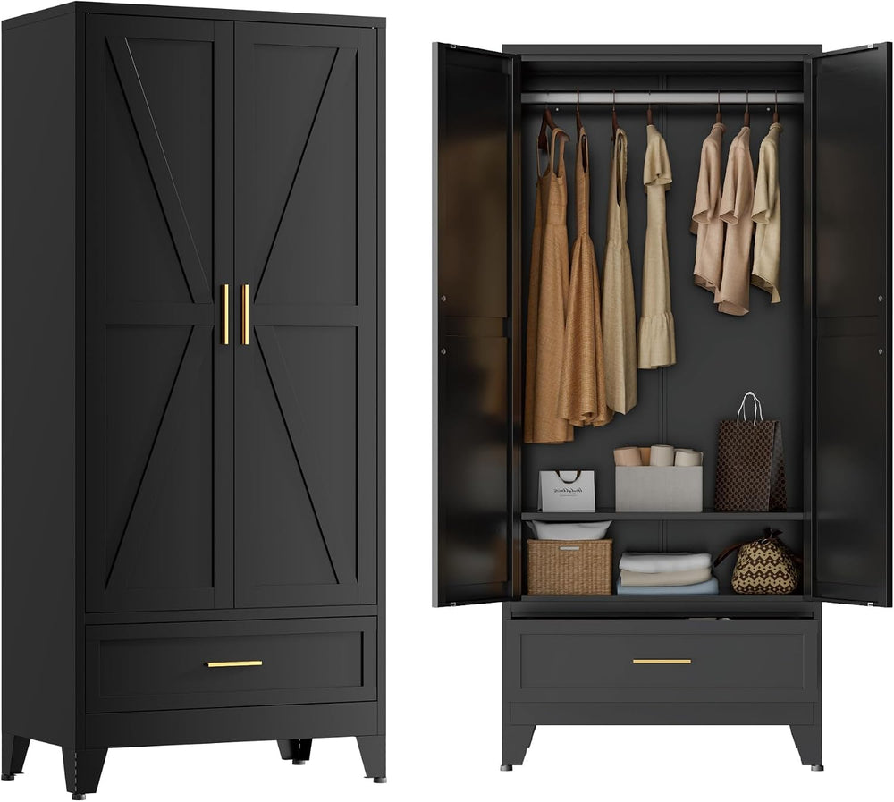 Black Metal Wardrobe Closet, Steel Armoire Wardrobe with Drawer Clothes Cabin...