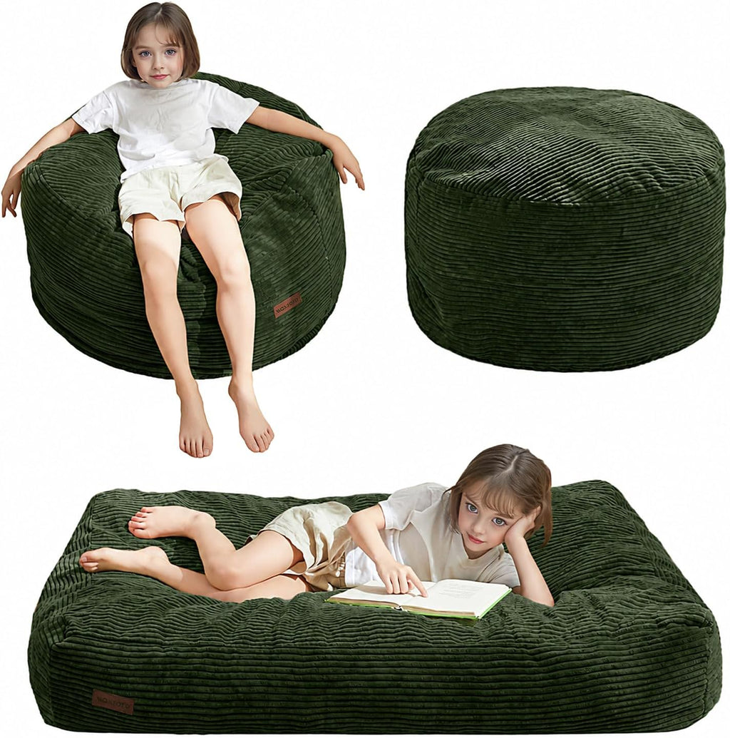 MAXYOYO Bean Bag Chair for Kids, Convertible Bean Bag Folds from Lazy Chair to Floor Couch, Machine Washable Corded Fabric, Stuffed Floor Sofa Couch for Boys and Girls, Dark Green