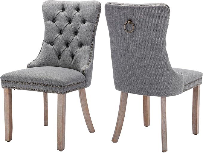 Dining Chairs Set of 2, Upholstered Tufted Linen Fabric Dining Room Chairs with High Back, Nailhead Trim and Solid Wood Legs, Modern Dining Chair for Dining Room, Kitchen(Grey)