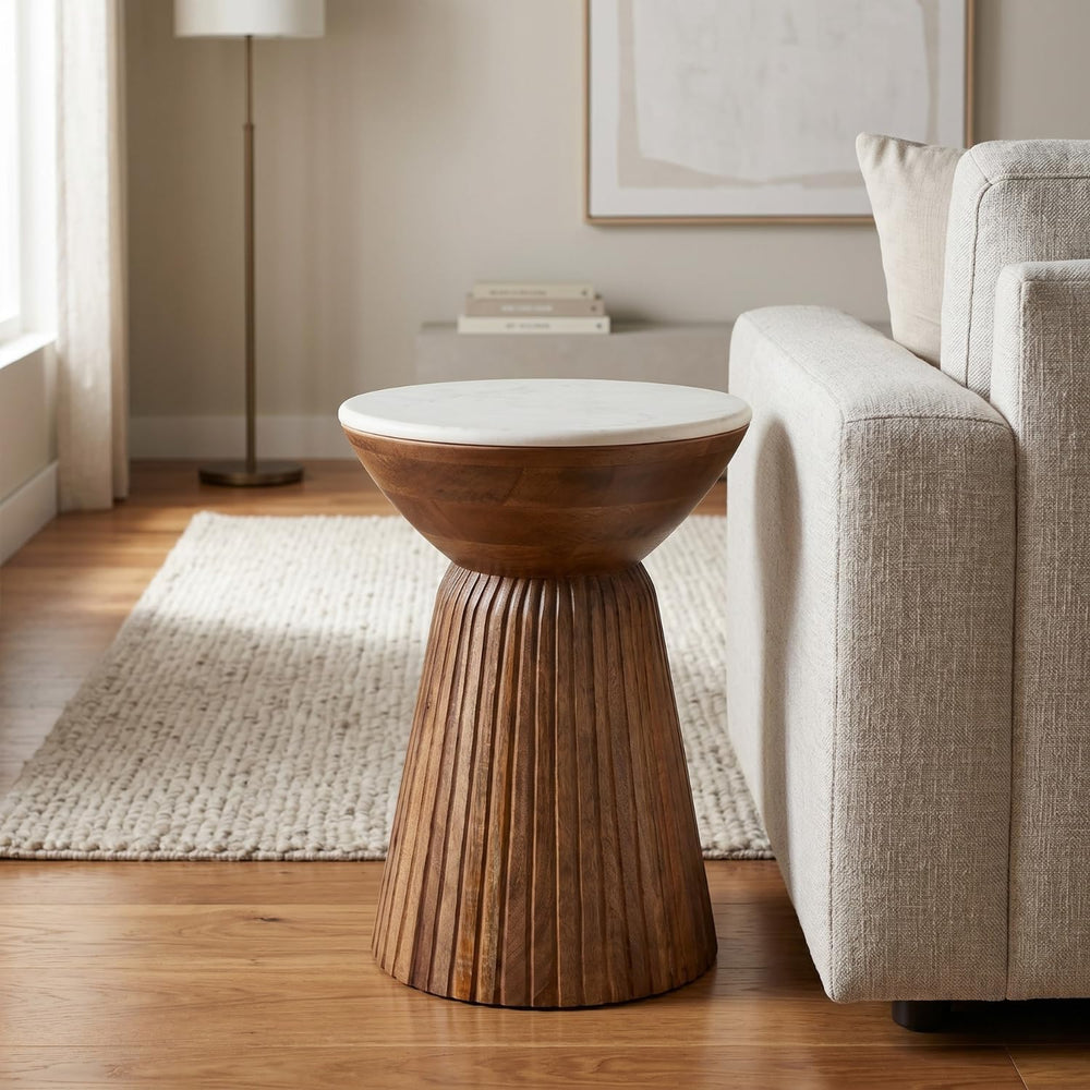 Albany Living Marble Top Mango Wood Pedestal Side Table, Natural | Fully Asse...
