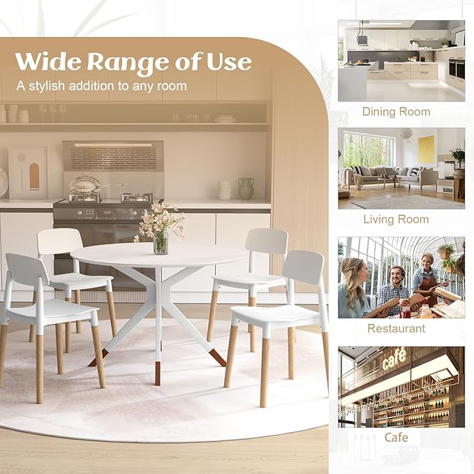 Giantex Modern Dining Chairs Set of 4, Plastic Dining Side Chair Set w/Sturdy Wooden Legs, Wide Seat & Ergonomic Backrest, Armless Kitchen Chairs for Dining Room Living Room Restaurant Cafe (White)