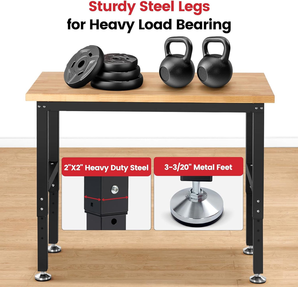 Work Bench for Garage Workbench Adjustable Height Work Table for Shop Woodworking, 41 x 20 Heavy Duty Rubber Wood Top for Office, Home, Commercial