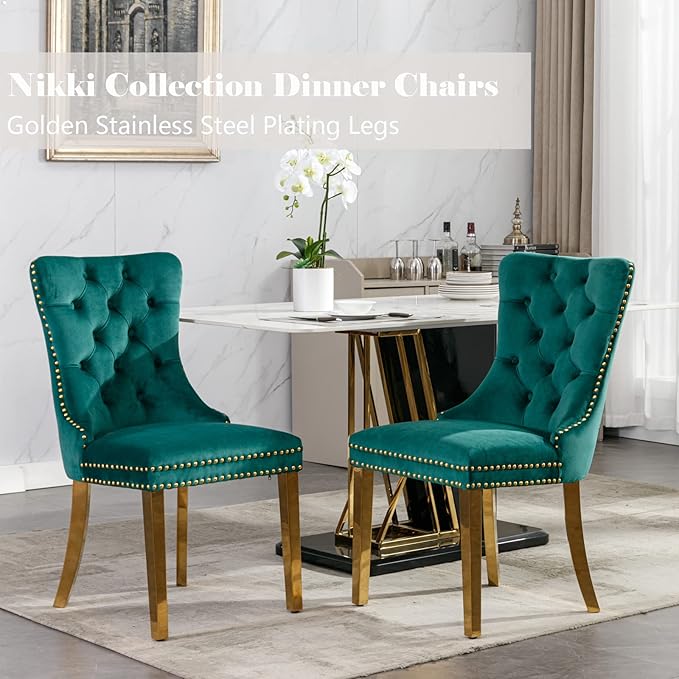 Velvet Dining Chairs Set of 2, Upholstered Dining Room Chairs with Back Ring Pull Trim and Golden Stainless Steel Legs,Tufted Wingback Chair Perfect for Dining Room,Living Room,Kitchen(Green)