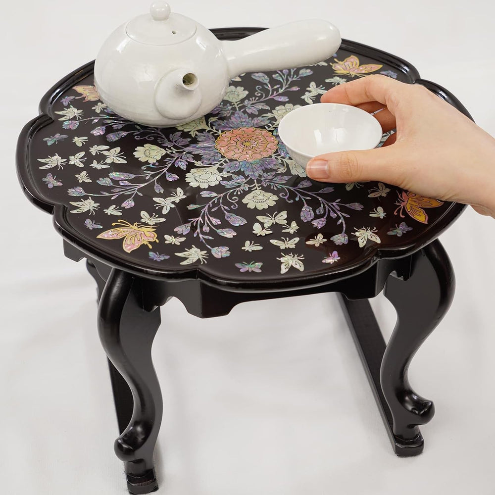February Mountain Mother of Pearl Tray Table – Round Tea Table with Floral Bu...
