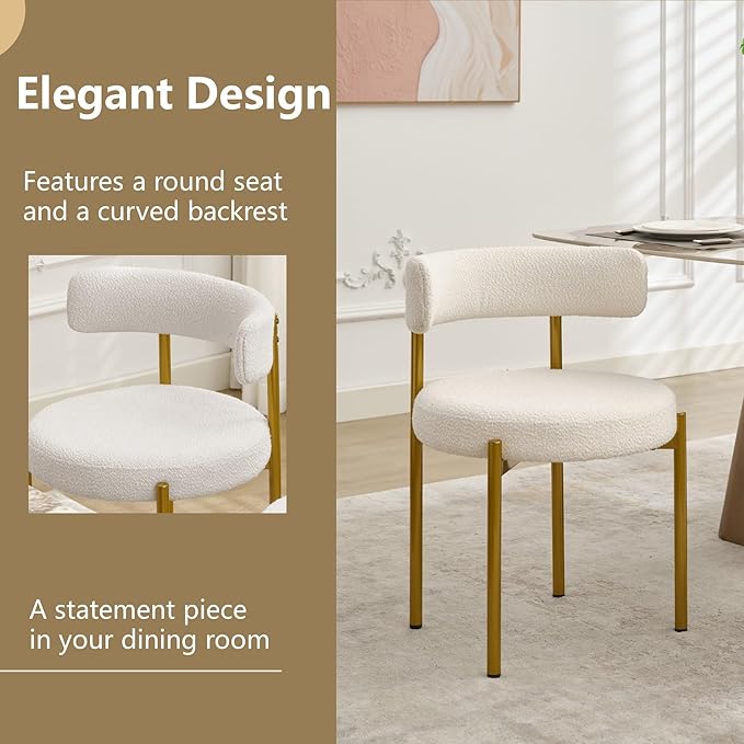 Boucle Dining Chairs Set of 4, White Dining Chairs with Upholstered Seat and Gold Legs, Mid-Century Modern Kitchen Chairs for Dining Room, Restaurant
