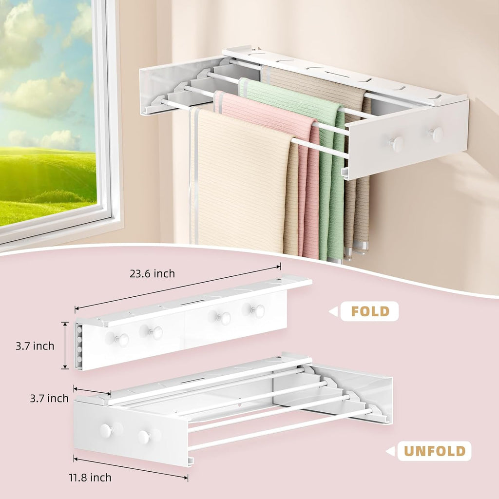 BAKON Wall Mounted Drying Rack with 4 Hooks and Shelf, Foldable Clothes Drying Rack for Laundry Room, Collapsible Laundry Rack Wall Mount, for Indoor Outdoor Hanging Clothes, 23.6 Inch