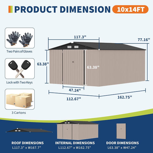 10x14 FT Metal Storage Sheds Outdoor, Metal ToolShed with Lockable Door, Metals Yard Sheds Metals Garden Shed Kit, MetalUtility Sheds Buildings with Air Vent for Backyard Garden Patio Lawn