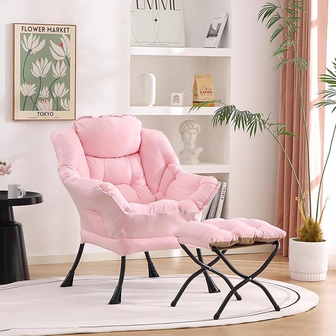Welnow Lazy Chair with Ottoman, Modern Reading Lounge Accent Chair with Armrests and a Side Pocket, Leisure Upholstered Lazy Sofa Set with Footrest for Small Space