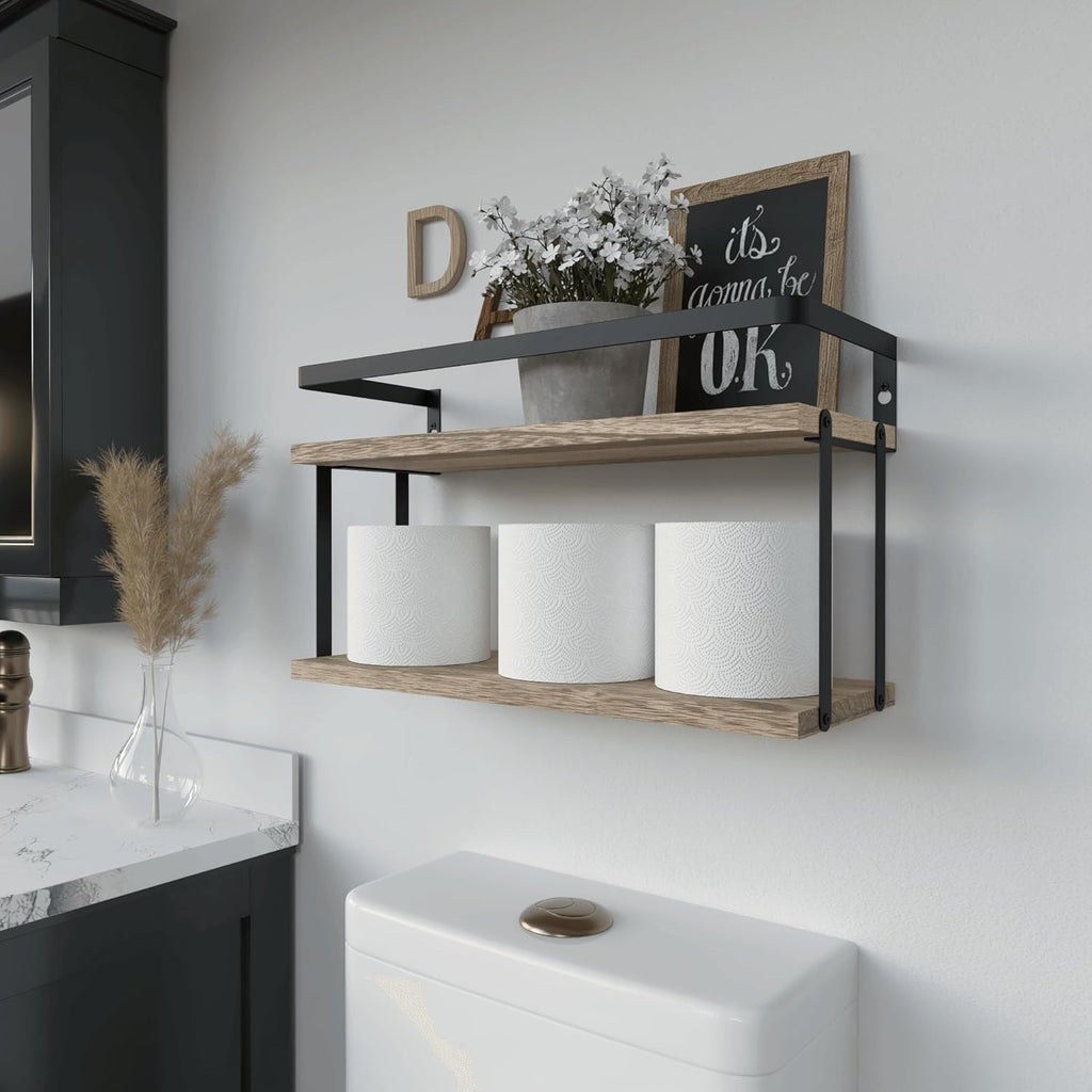 RICHER HOUSE Dual-Level Guardrail Floating Shelves, Rustic Wood Shelf Wall Mounted, Over Toilet Paper Storage Shelf for Bathroom Wall Decor, Bathroom Organizers and Kitchen Storage - Rustic Wood